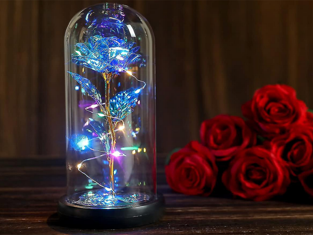 Amžina rožė stikliniame gaubte su led apšvietimu, 21 cm