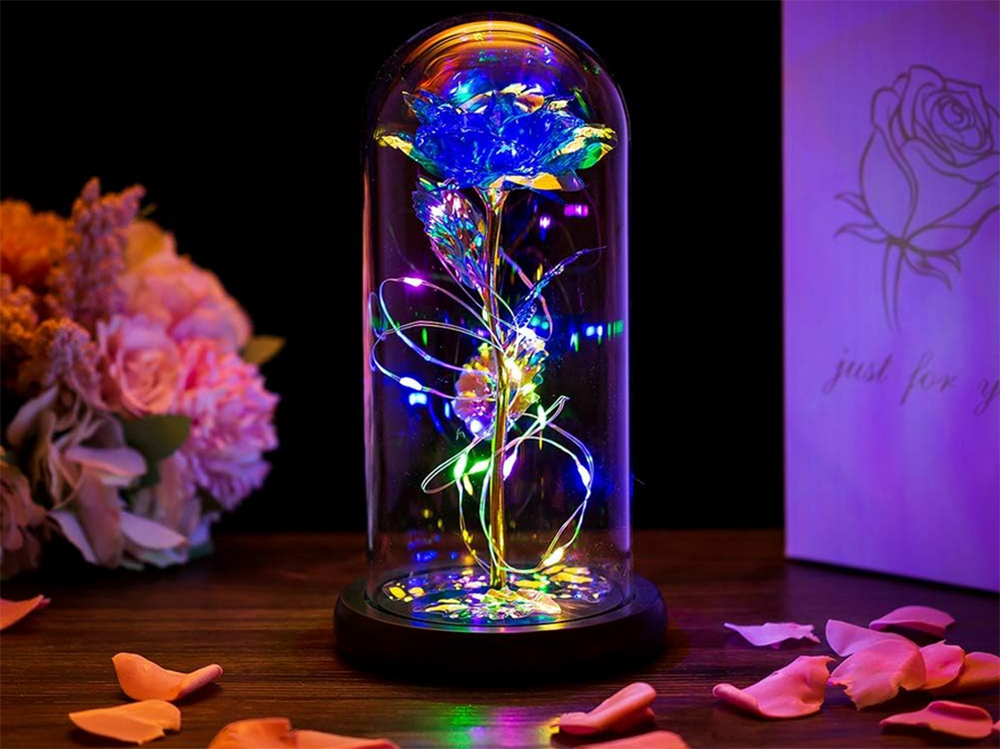 Amžina rožė stikliniame gaubte su led apšvietimu, 21 cm