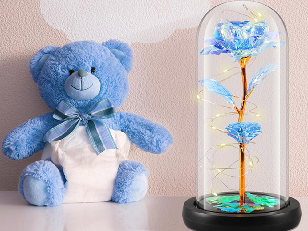 Amžina rožė stikliniame gaubte su led apšvietimu, 21 cm