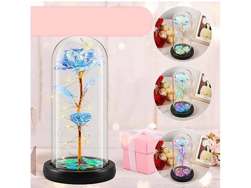Amžina rožė stikliniame gaubte su led apšvietimu, 21 cm