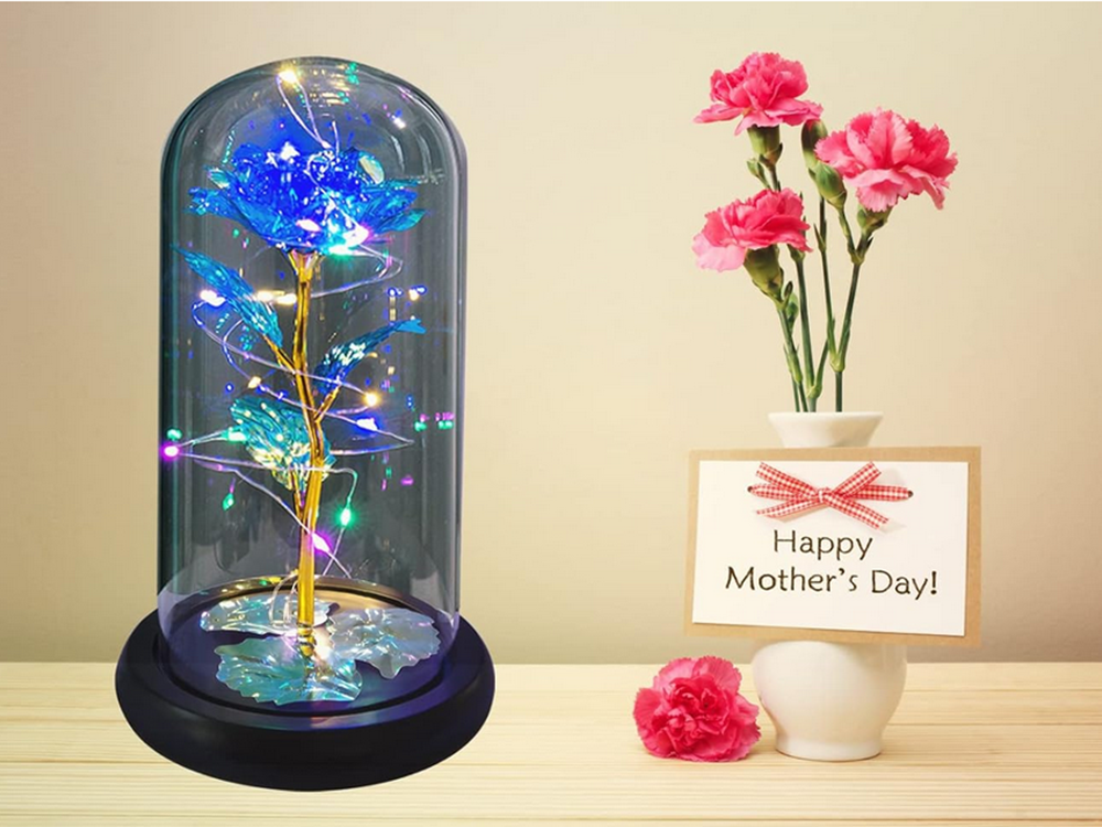 Amžina rožė stikliniame gaubte su led apšvietimu, 21 cm