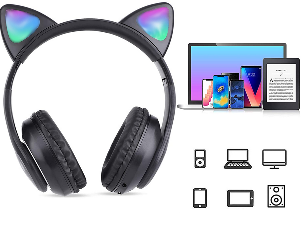Belaidės ausinės su katės ausimis ir led apšvietimu