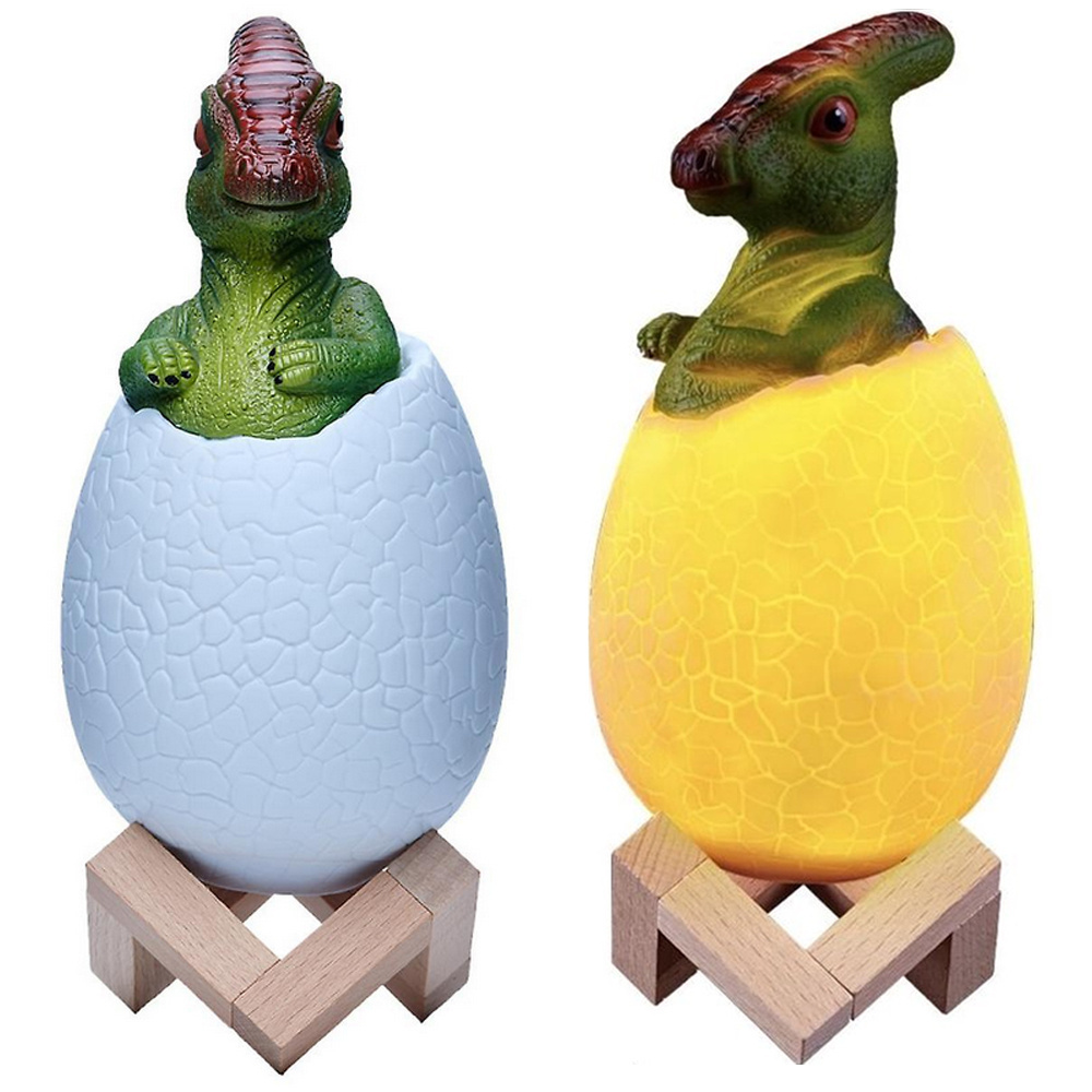 Naktinė lempa dinozauras, rgb led, su medine pagrindu