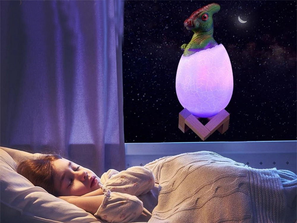 Naktinė lempa dinozauras, rgb led, su medine pagrindu