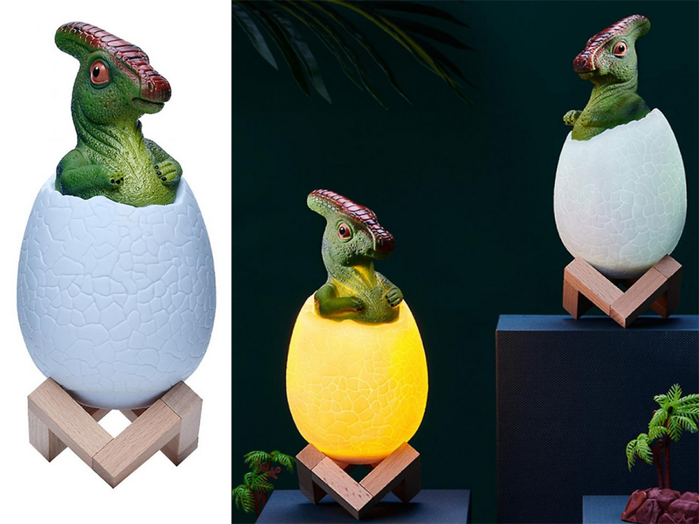Naktinė lempa dinozauras, rgb led, su medine pagrindu