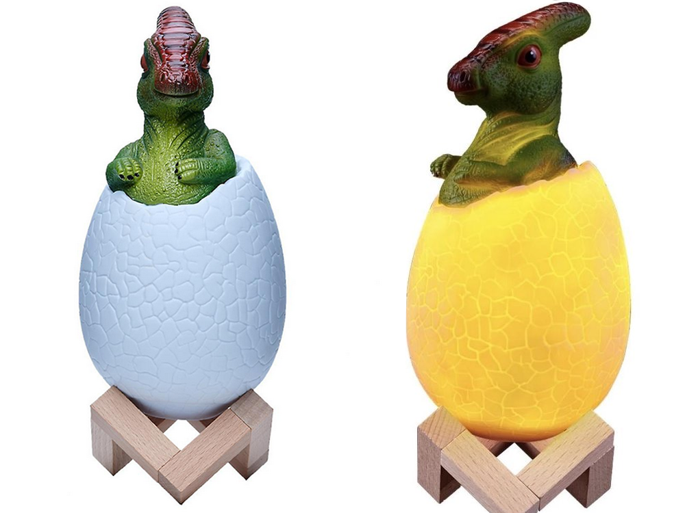 Naktinė lempa dinozauras, rgb led, su medine pagrindu