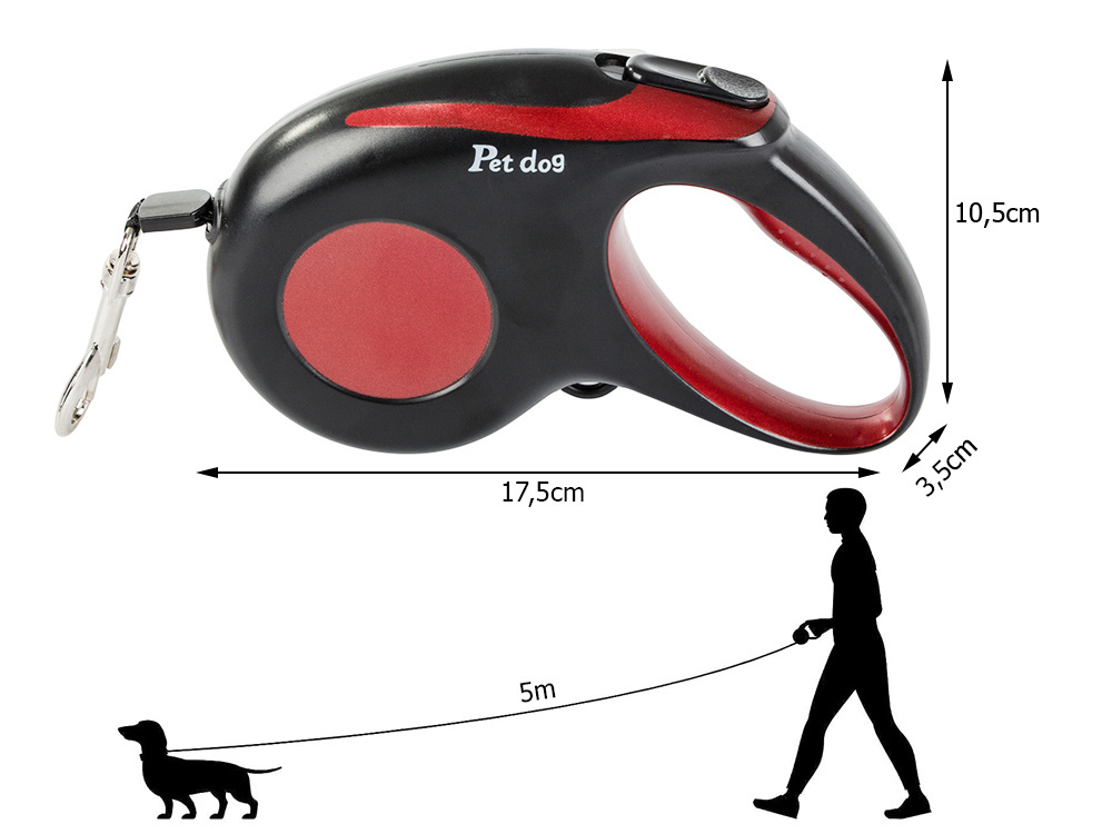 Automatinis pavadėlis šunims 5m, 15kg, raudonas