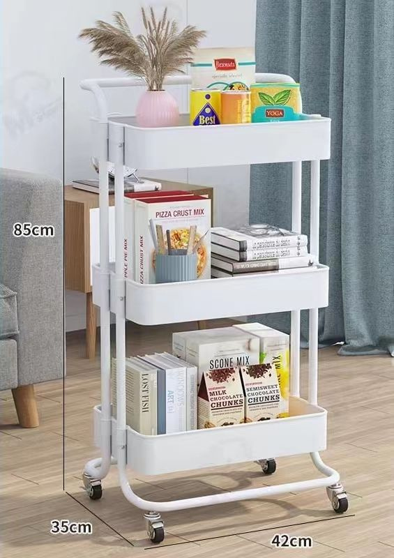 Mobilus metalinis vežimėlis ant ratukų, 3 lygiai, baltas