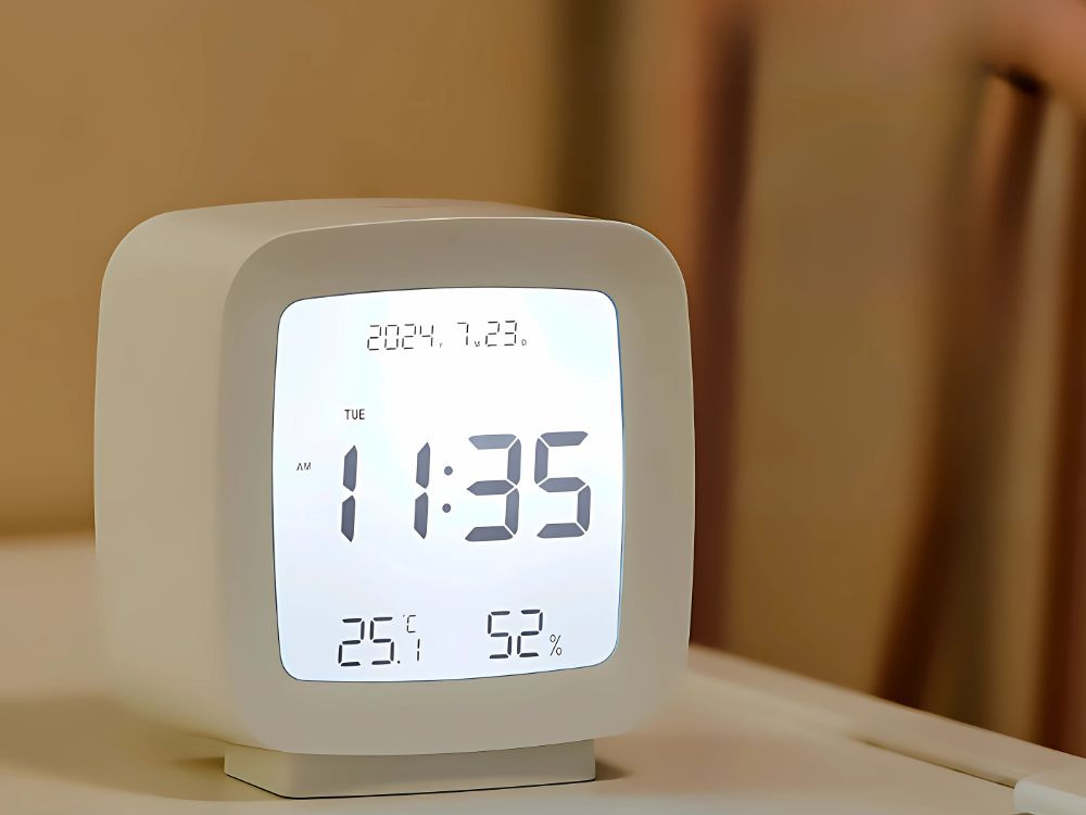 Laikrodis žadintuvas su lcd ekranu ir oro drėgmės matuokliu