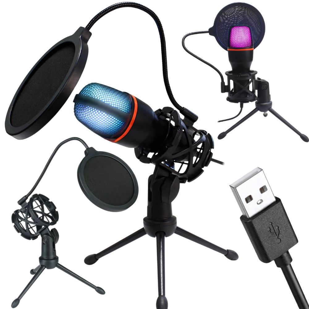Studijinis usb mikrofonas su rgb apšvietimu ir stovu