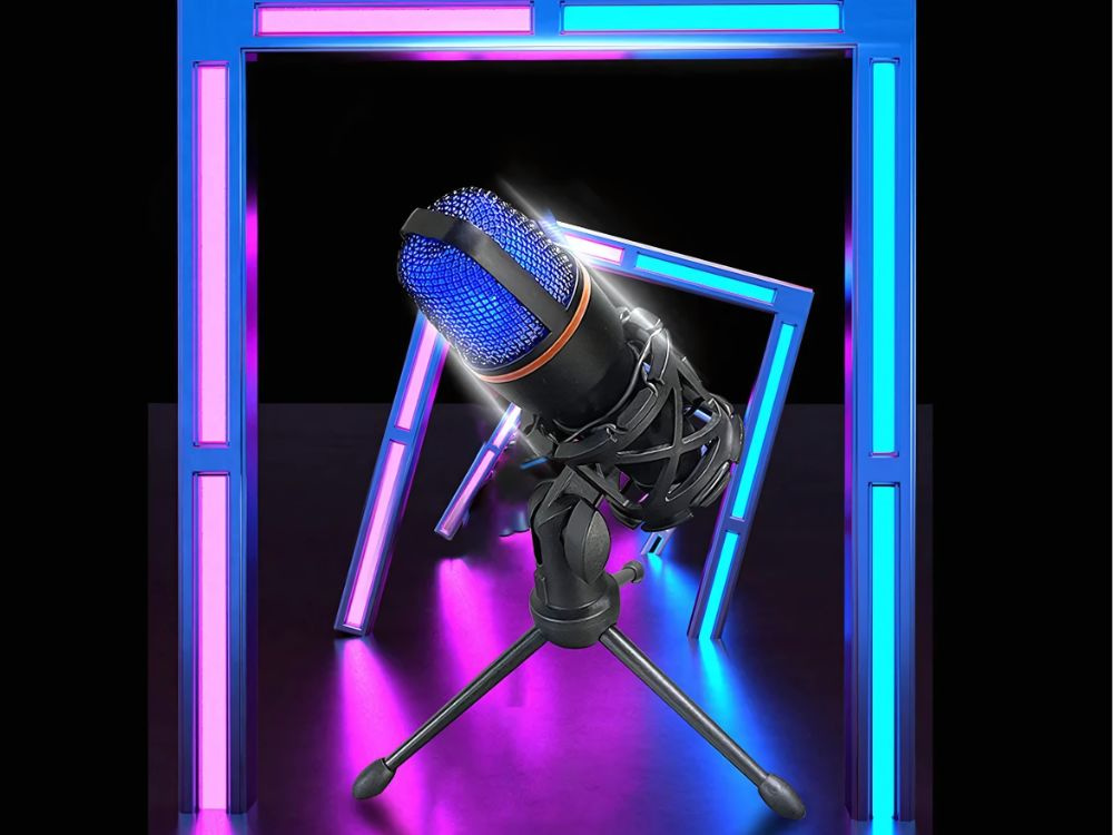 Studijinis usb mikrofonas su rgb apšvietimu ir stovu