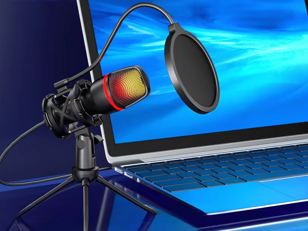 Studijinis usb mikrofonas su rgb apšvietimu ir stovu