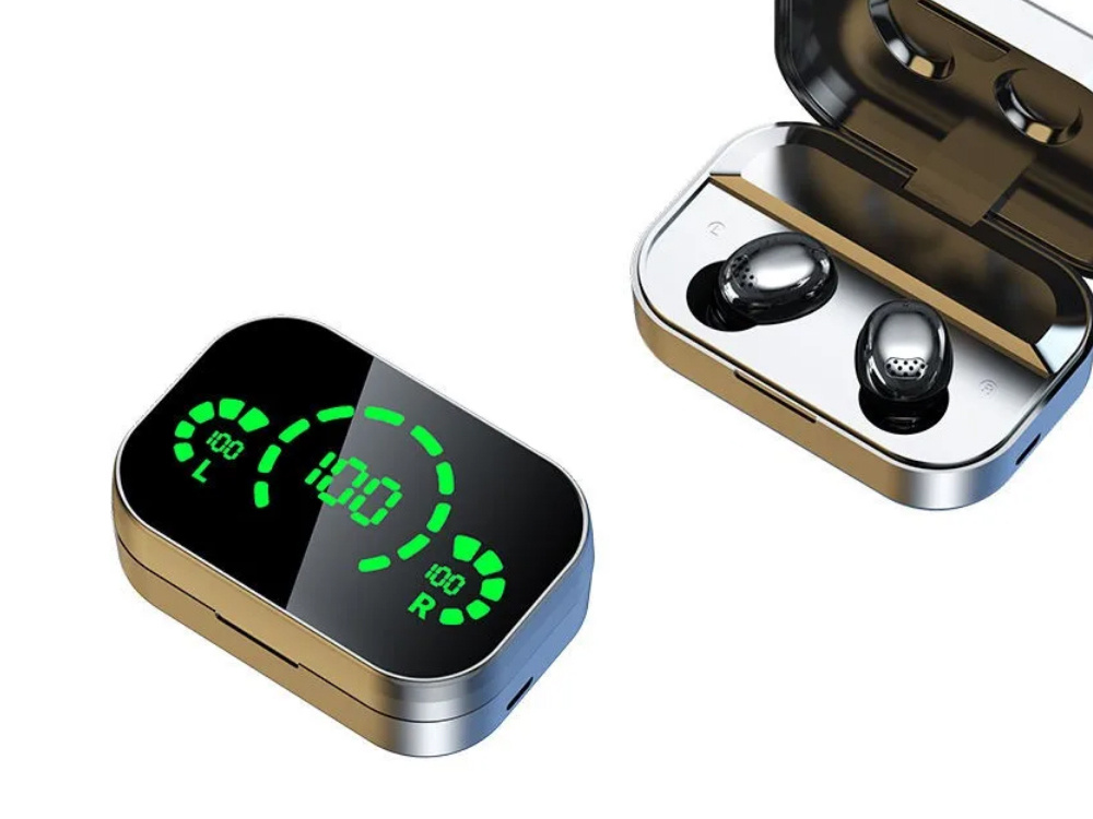 Belaidės bluetooth ausinės su įkrovimo dėklu ir mikrofonu