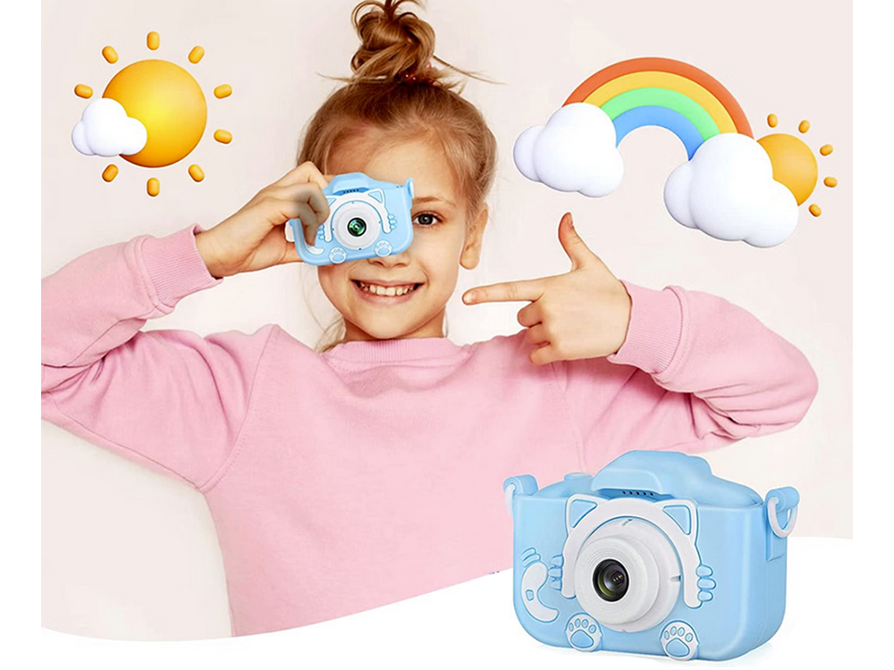 Vaikiškas fotoaparatas su žaidimais ir kamera, rožinis su katinėliu