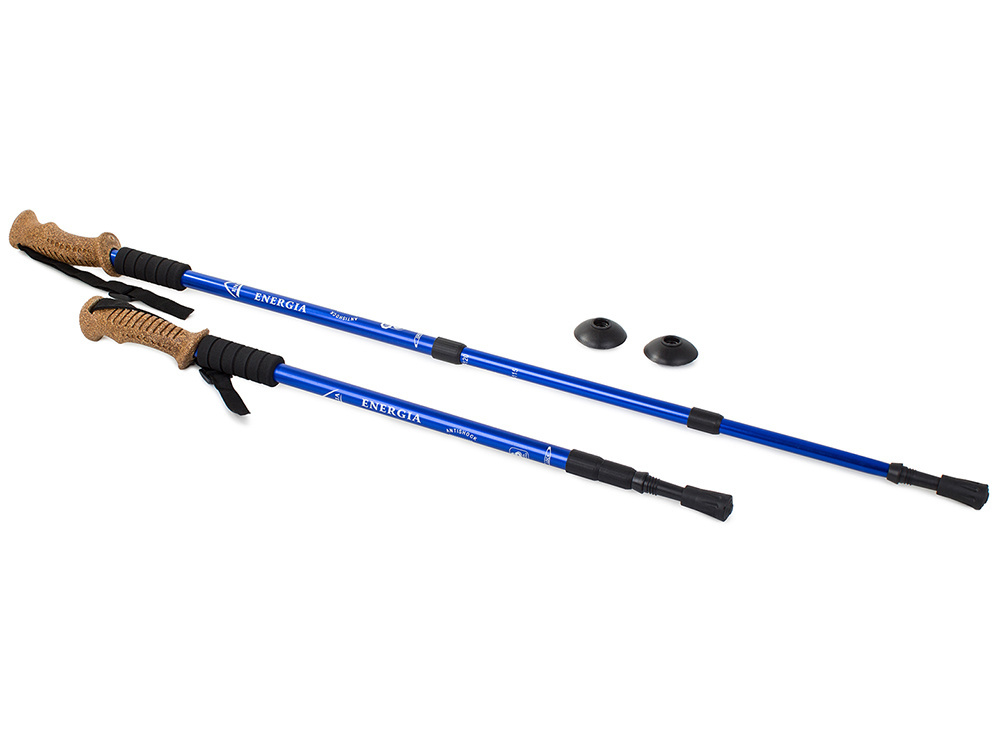 Teleskopinė nordic walking lazda su kamštine rankena, mėlyna