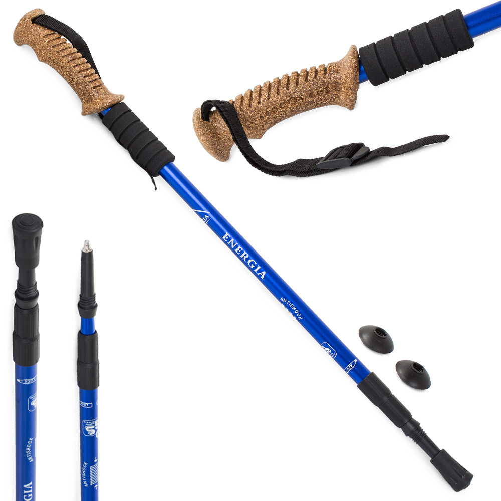 Teleskopinė nordic walking lazda su kamštine rankena, mėlyna
