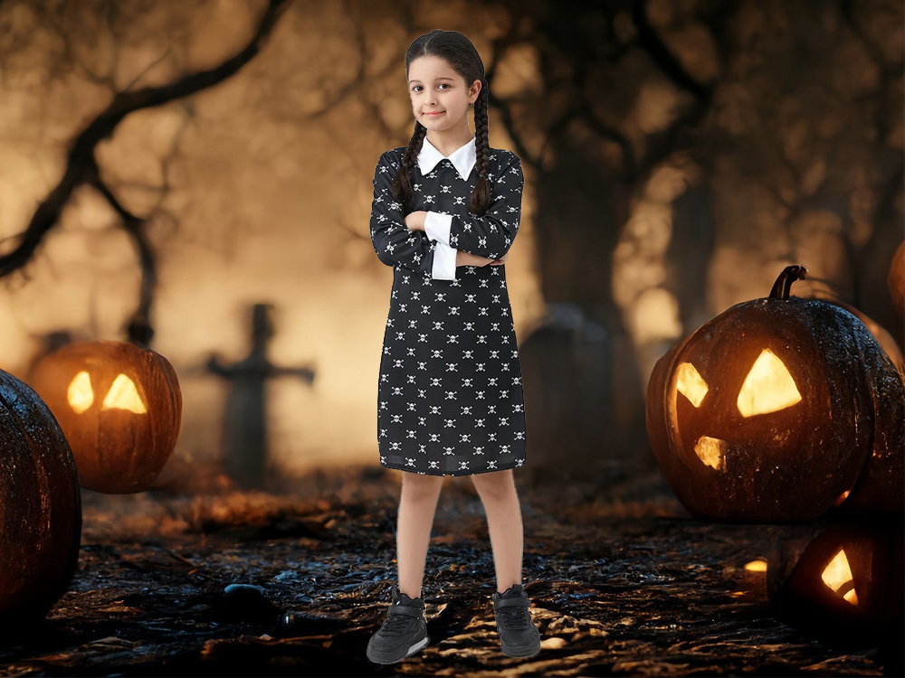 Kostiumas mergaitėms wednesday addams, 135–145 cm