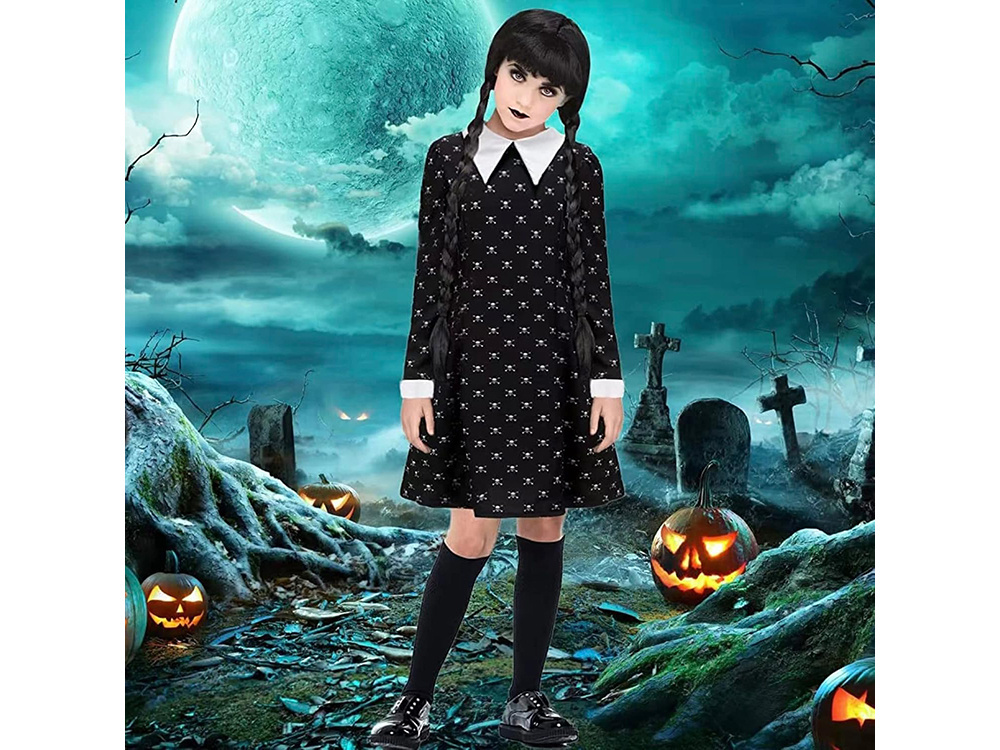 Kostiumas mergaitėms wednesday addams, 135–145 cm