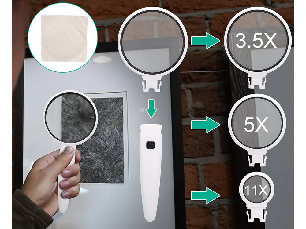 Didinamasis stiklas su led apšvietimu, 3x, 5x, 11x