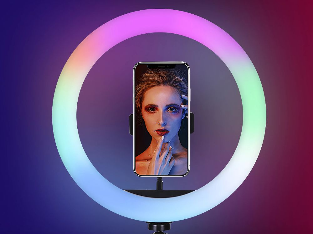 Led žiedinė lempa su rgb, telefono laikikliu ir reguliuojamu stovu