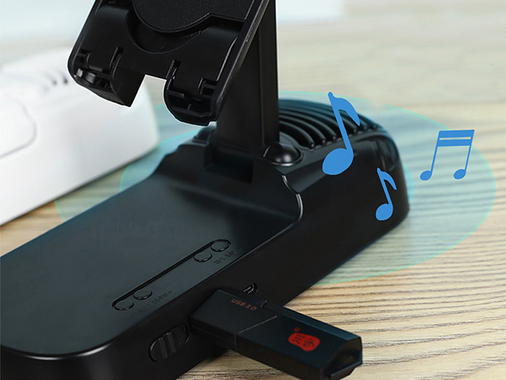 Stovas telefonui su teleskopiniu laikikliu ir bluetooth garsiakalbiu
