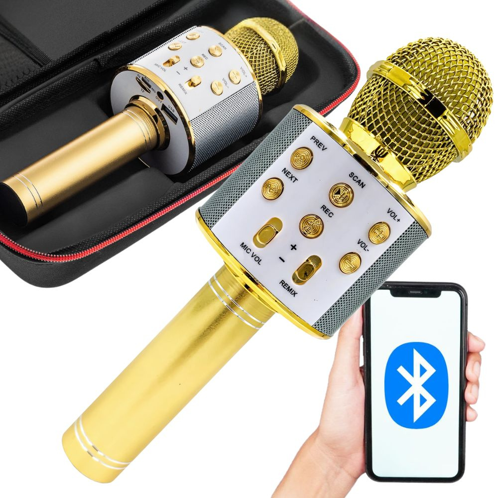 Belaidis mikrofonas su bluetooth ir karaoke garsiakalbiu bei dėklu, 22 cm, auksinis
