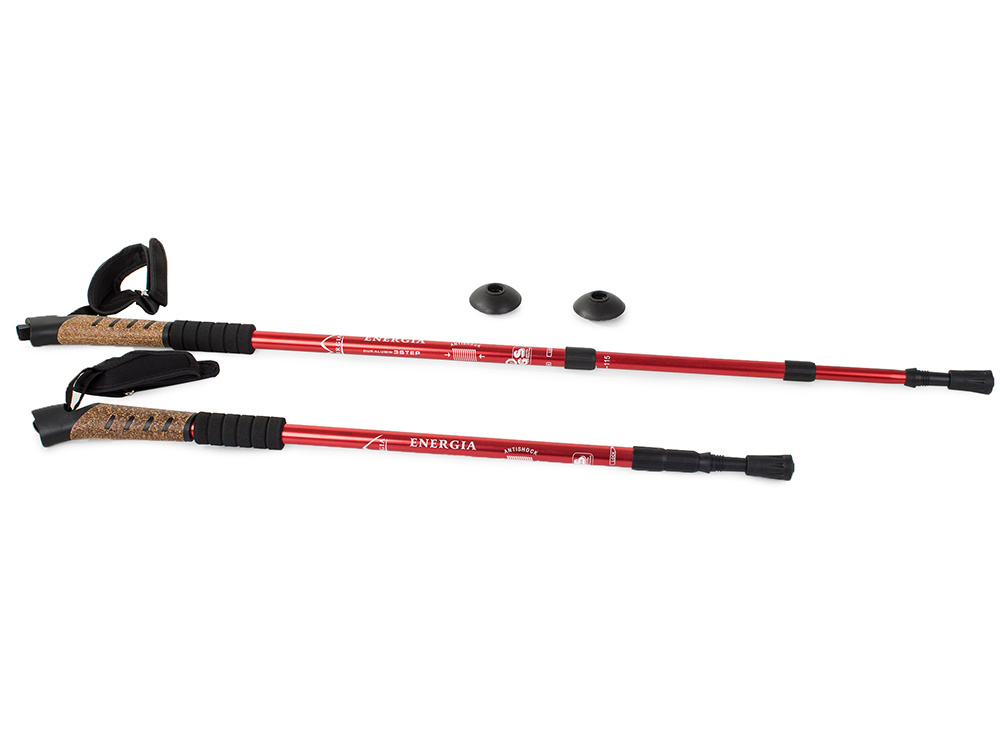Teleskopinė nordic walking lazda su kamštine rankena, raudonas