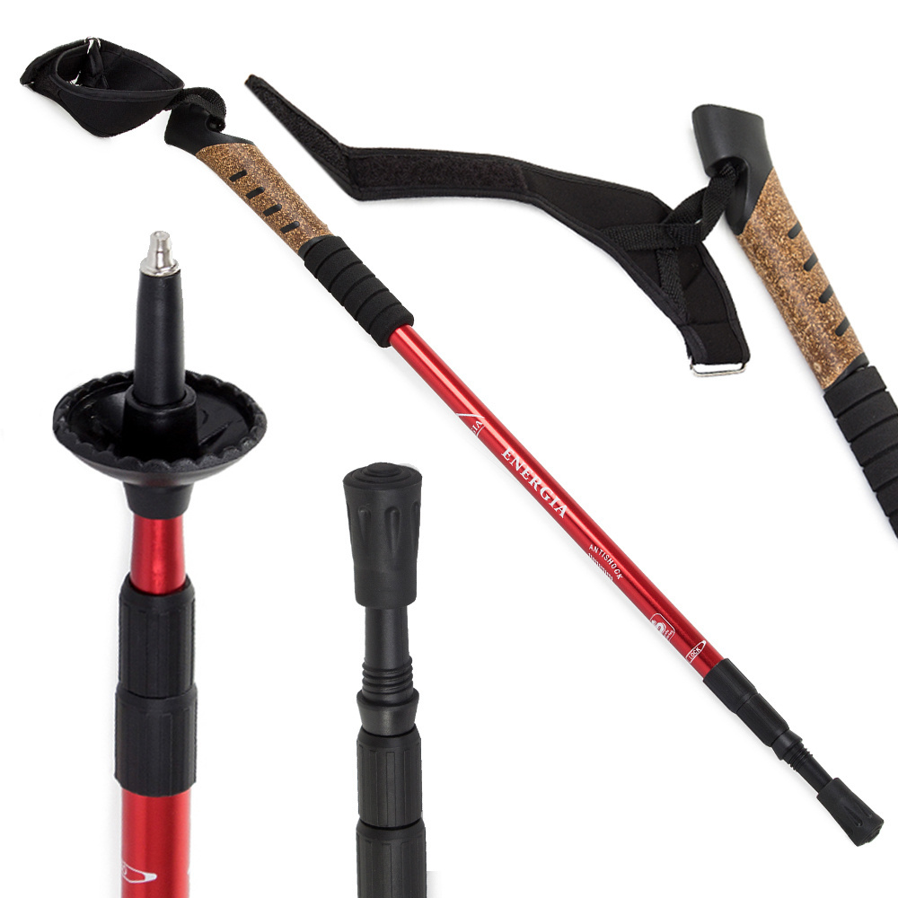 Teleskopinė nordic walking lazda su kamštine rankena, raudonas