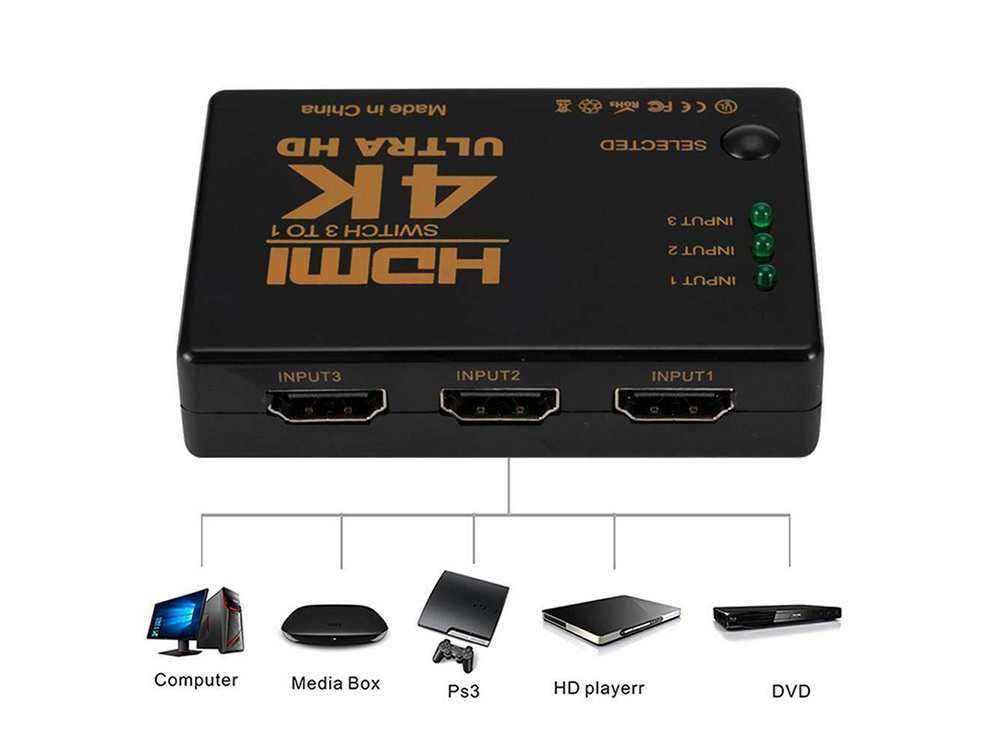 Hdmi perjungiklis 3 į 1 su ir pulteliu, 4k uhd