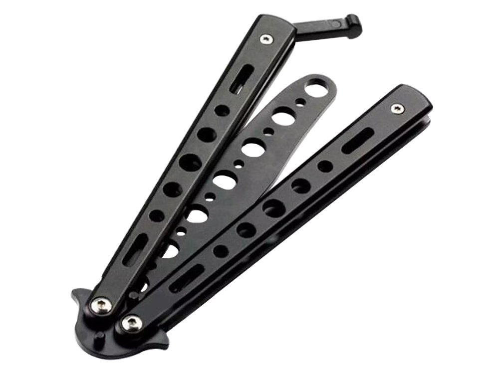 Treniruotėms skirtas juodas drugelio formos peilis, 22 cm