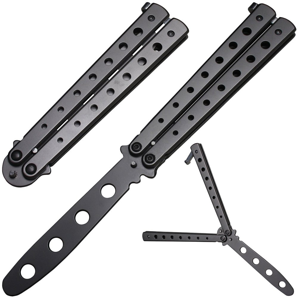 Treniruotėms skirtas juodas drugelio formos peilis, 22 cm
