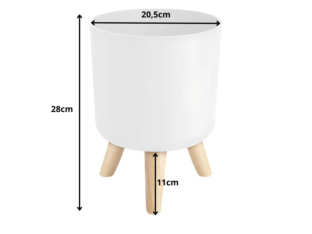 Baltas stovintis gėlių vazonas su medinėmis kojelėmis, 28 cm