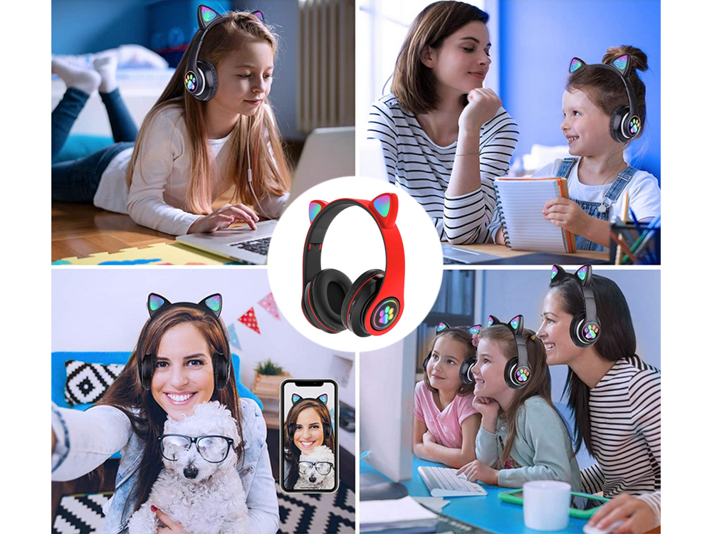 Belaidės ausinės su led apšvietimu ir fm radiju