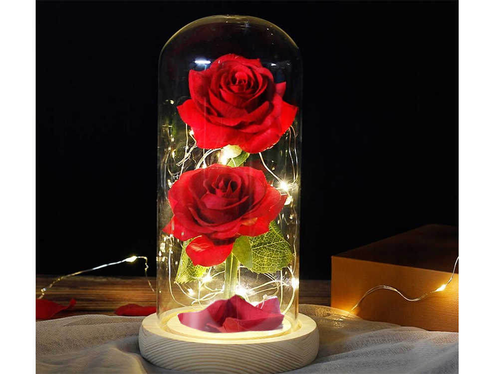 Raudona amžinoji rožė stikle su led apšvietimu 1