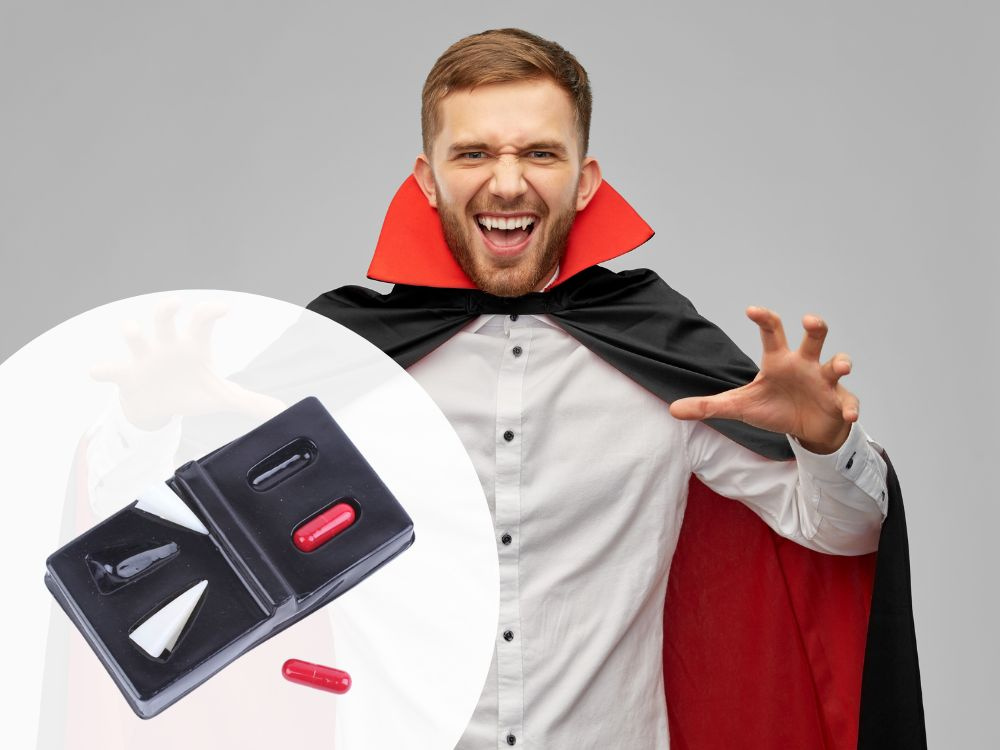 Vampyro dantų rinkinys su dirbtiniu krauju halloween