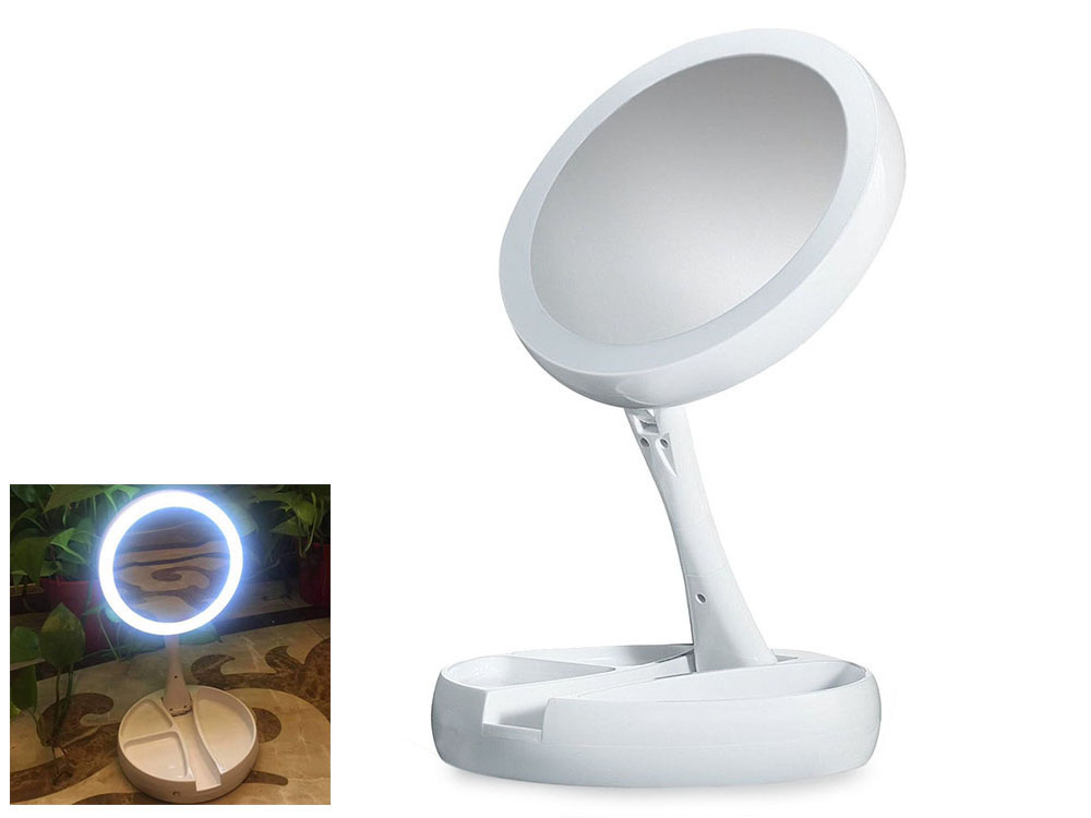 Apšviečiamas led veidrodis su padidinimu ir kosmetikos skyreliais