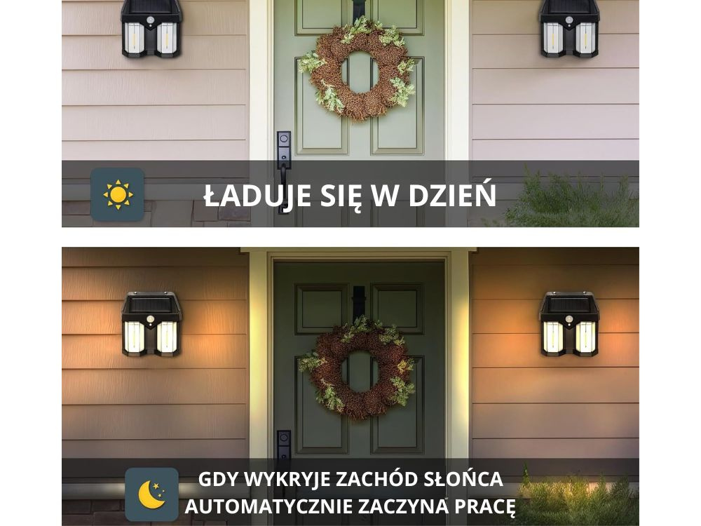 Saulės lempa su judesio ir prieblandos jutikliu, 1200 lm, 3 režimai
