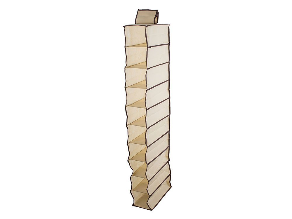 Pakabinamas spintos organizatorius su 10 lentynų, 30x15x120 cm, smėlio spalvos