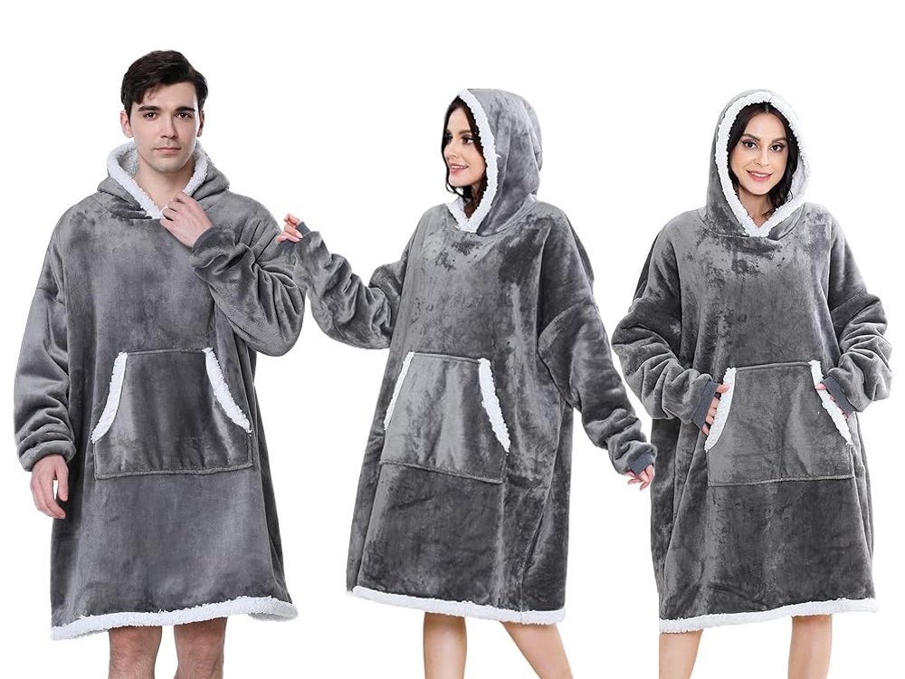 Šiltas oversized pledas su gobtuvu, pilkas