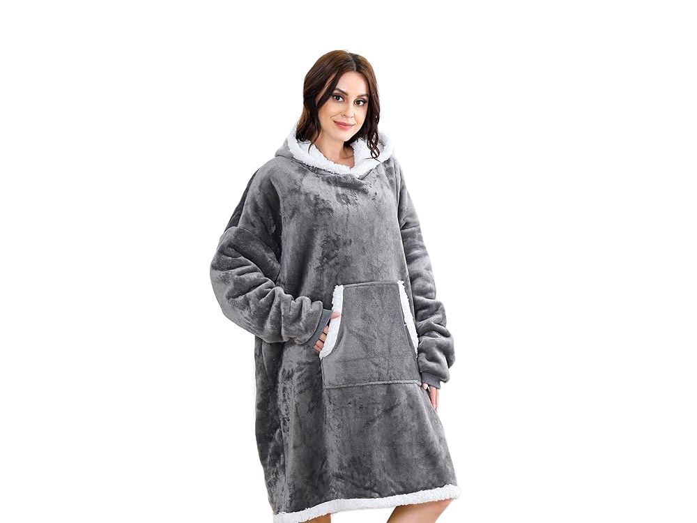 Šiltas oversized pledas su gobtuvu, pilkas