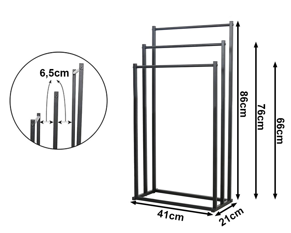 Rankšluosčių stovas iš metalo, juodas, 66/76/86 cm