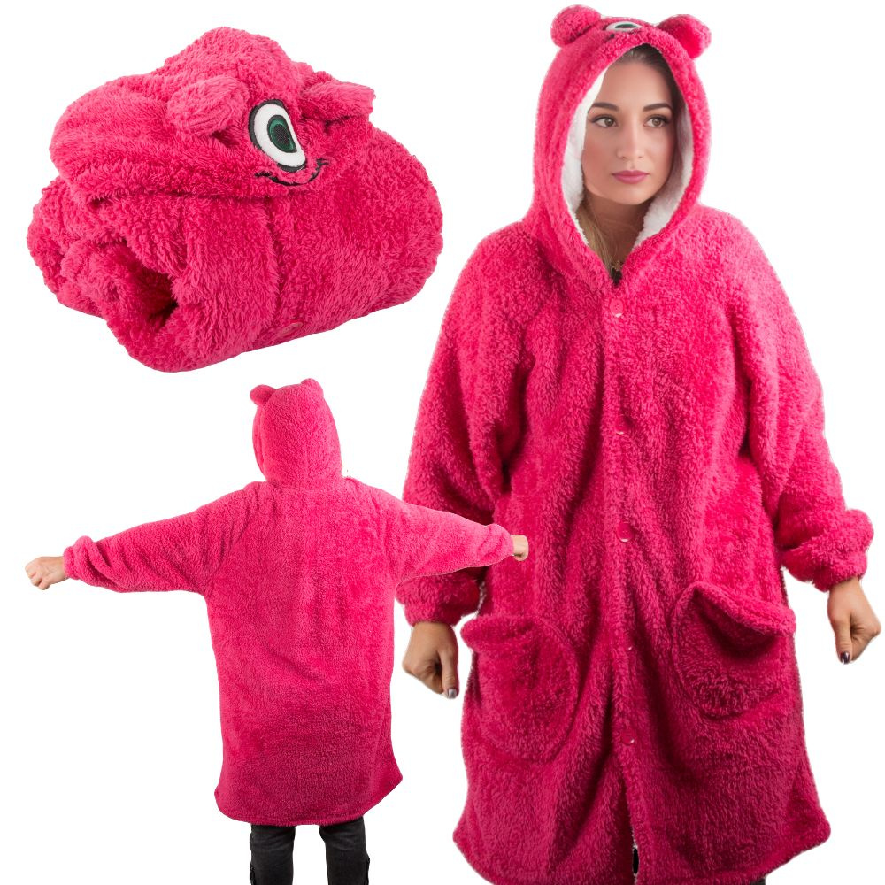 Minkštas ir šiltas oversize pledas su gobtuvu, tamsiai rožinis