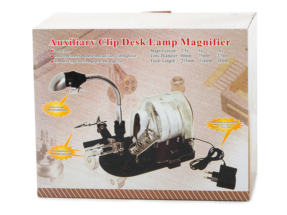 Lupa su led apšvietimu ir lituoklio laikikliu, 2,5x, 5x, 16x
