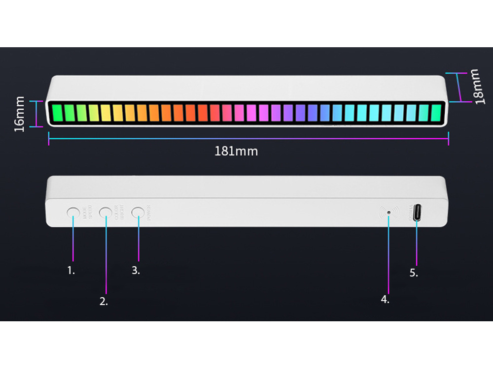 Led šviesos juosta su garso reakcija, rgb, 181x16x18 mm