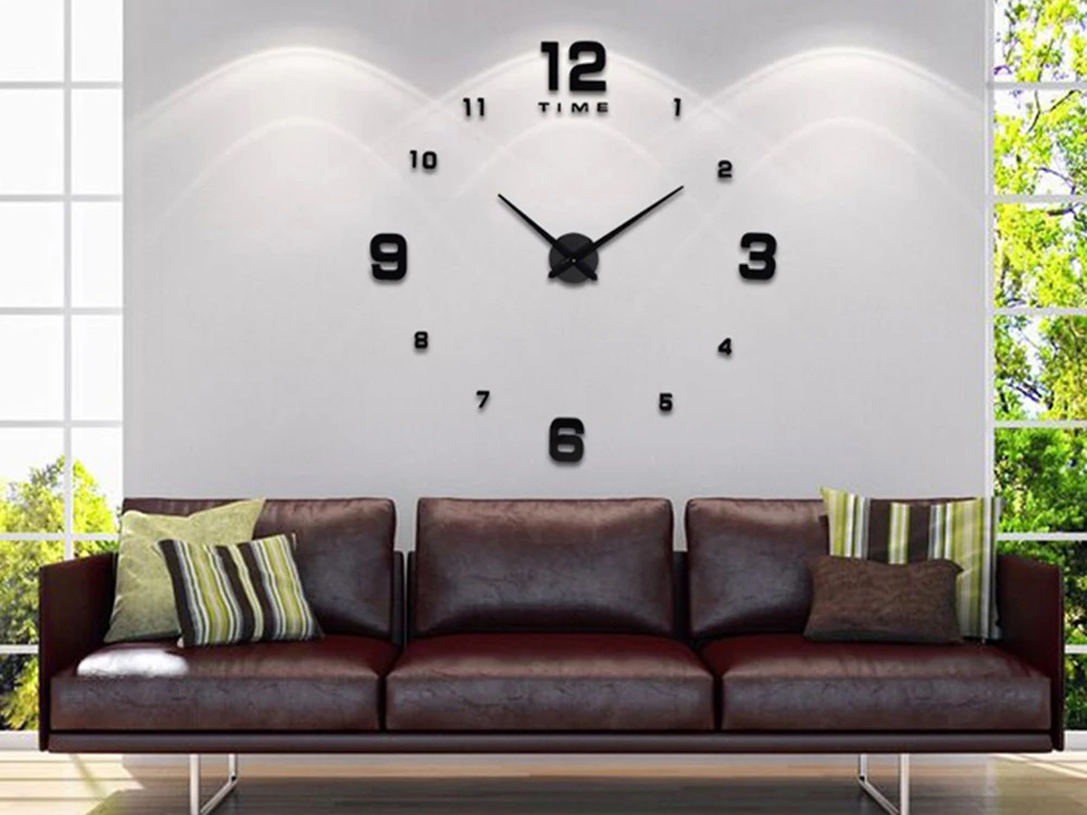 Didelis 3d sieninis laikrodis su lipdukais, 130 cm, juodas