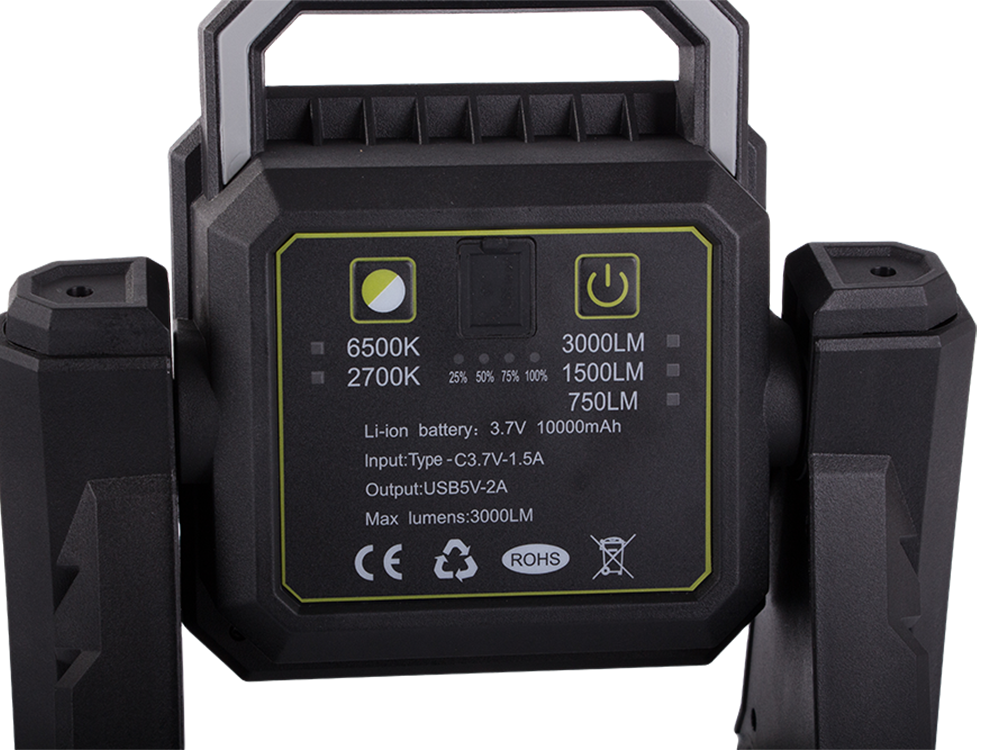 Led prožektorius su akumuliatoriumi, cob, usb, 3000lm, ip65