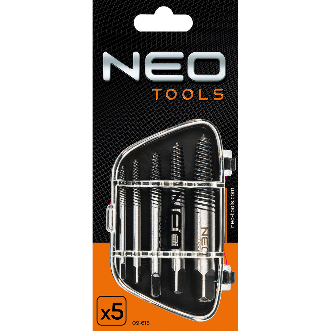 Nulaužtų varžtų ištraukiklių rinkinys neo, m3 - m18, 5 vnt