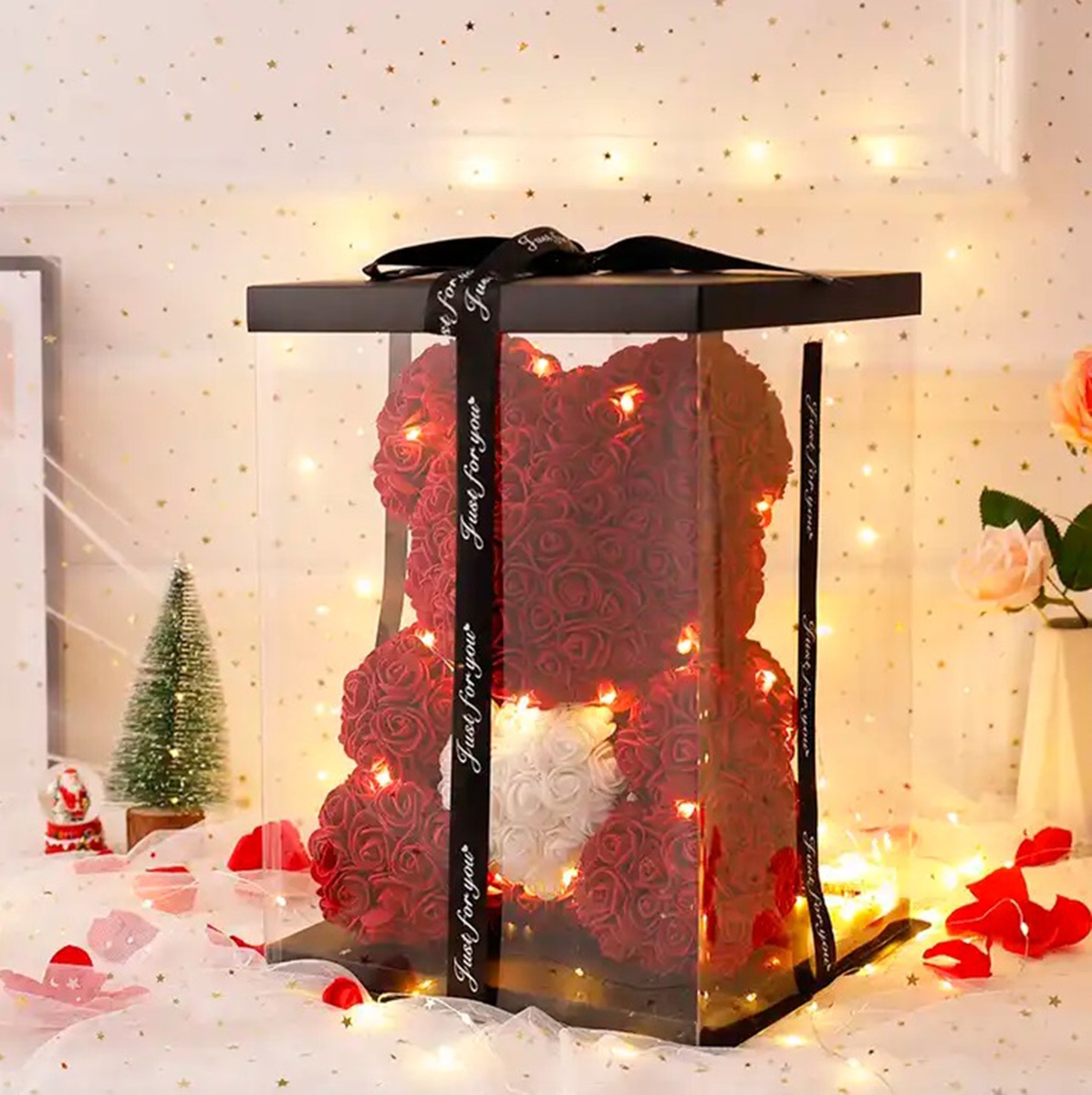 Meškiukas iš rožių su led apšvietimu, 23 cm