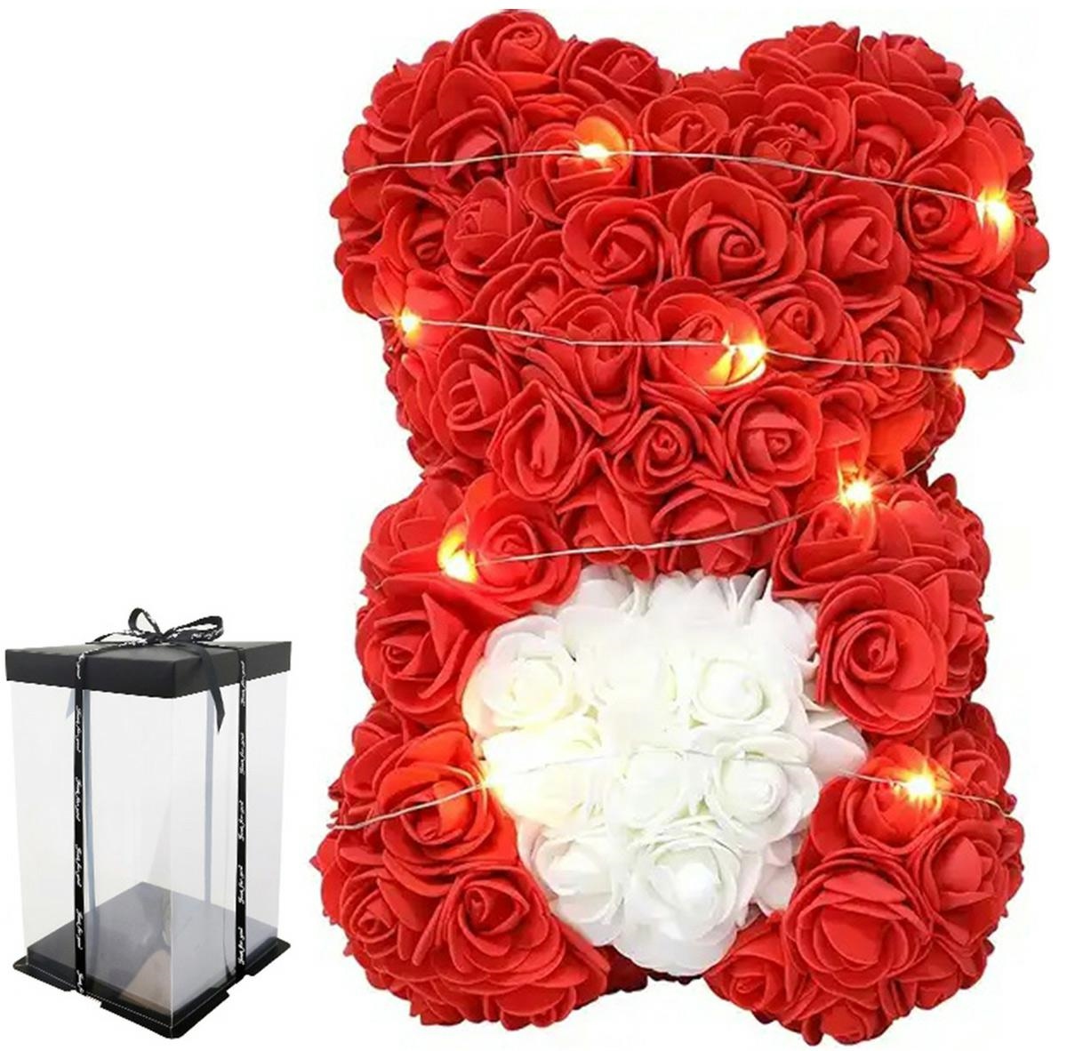 Meškiukas iš rožių su led apšvietimu, 23 cm