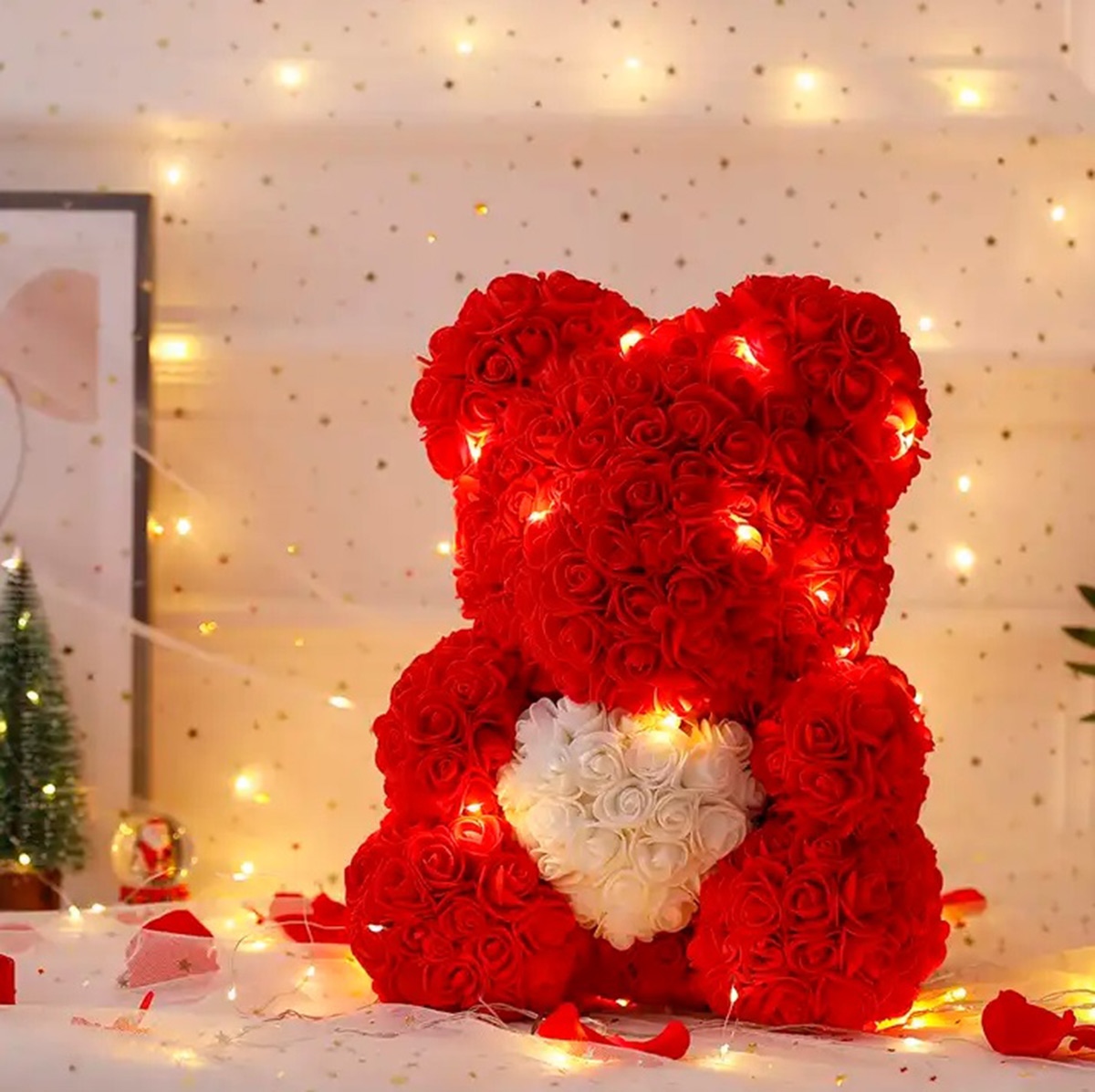 Meškiukas iš rožių su led apšvietimu, 23 cm